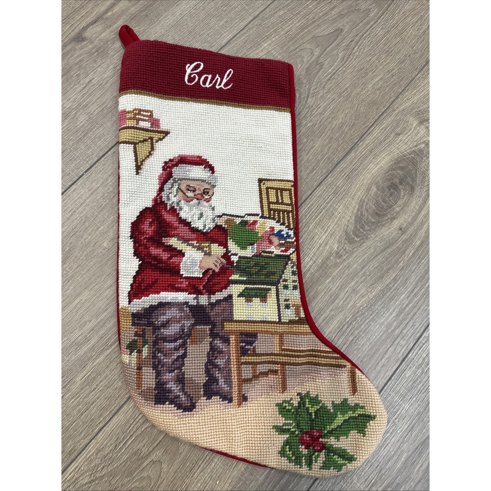 Needlepoint Wool Christmas Stocking Customized CARL 18"‎ Santa Workshop Vintage